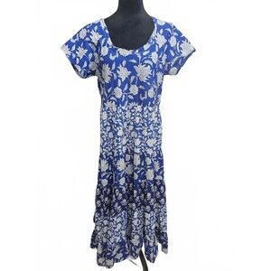 Soft Surroundings Blue Floral Print Cotton Midi Dress Medium